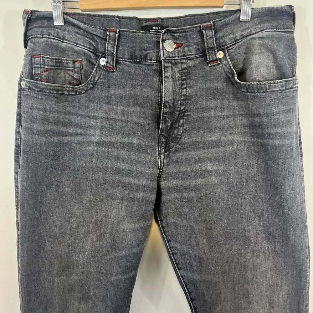 True Religion Men's Washed Gray Straight Jeans with Red Stitching
